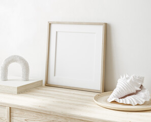 Mock up frame in home interior background, white room with natural wooden furniture, 3d render - obrazy, fototapety, plakaty