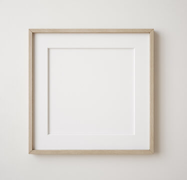 Square frame mockup close up on wall painted beige color, 3d render