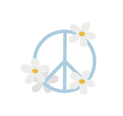 Hand drawn cute cartoon illustration of peace symbol with chamomile. Flat vector love, no war concept in colored doodle style. Freedom or victory sign poster, postcard, or print design. Isolated.