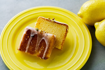 Lemon pound cake decorated with sugar icing.Weekend Citron cake.