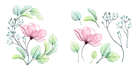 Watercolor Rose floral set. Big transparent composition and separate abstract elements: flowers, abstract berries, eucalyptus leaves. Botanical painted elements for cards, wedding design - 506394379