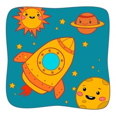 Cute Space rocket cartoon. Space rocket clipart vector. Nature background