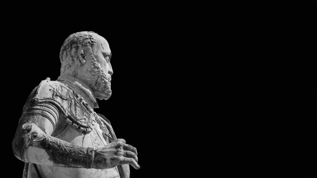 Cosimo I de' Medici, Grand Duke of Tuscany. A marble statue erected in 1596 in the historical center of Pisa (Black and White with copy space)