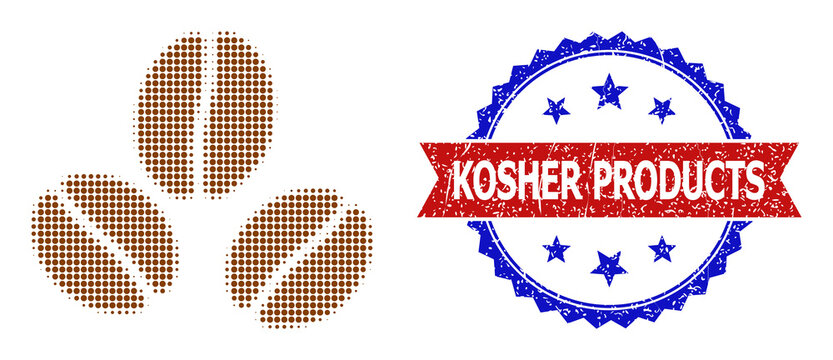 Halftone cacao beans icon, and bicolor scratched Kosher Products watermark. Halftone cacao beans icon is generated with small spheric elements. Vector watermark with distress bicolored style,