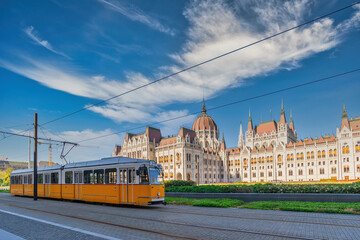 Fototapeta na wymiar Budapest Hungary, city skyline at Hungarian Parliament and Tram of Budapest