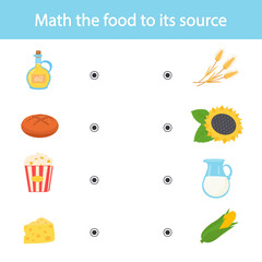 Matching children educational logical game. Math the food to its source. Activity for preschool years kids and toddlers. Vector illustration.