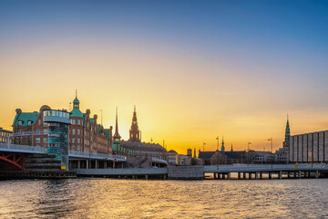 Fototapeta premium Copenhagen Denmark, sunset city skyline at Harbour
