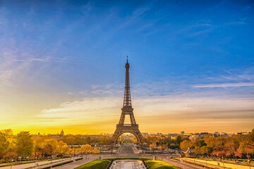 Paris France sunrise city skyline at Eiffel Tower and Trocadero Gardens