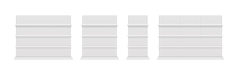 Shelf of store. Shelf of supermarket. Empty shelves for supermarket. Stand retail shelves of shop. Blank mockup in front view for store and market. 3d showcase for product. Vector