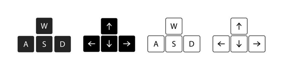 Arrow keyboard. Arrows direction on keyboard. Navigation icons of down, up, left and right direction. Outline buttons isolated on white and black background. Computer wasd keypad. Vector