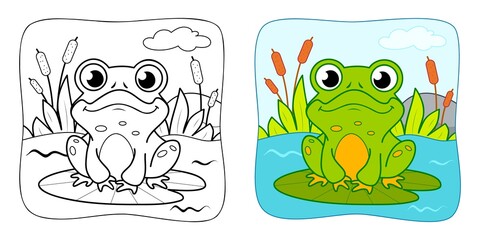 Coloring book or Coloring page for kids. Frog vector clipart. Nature background.