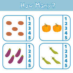 Educational game for preschool children. Learning to count up to 5. Vegetables. The development of logic and attention. Vector illustration. Sheet for printing