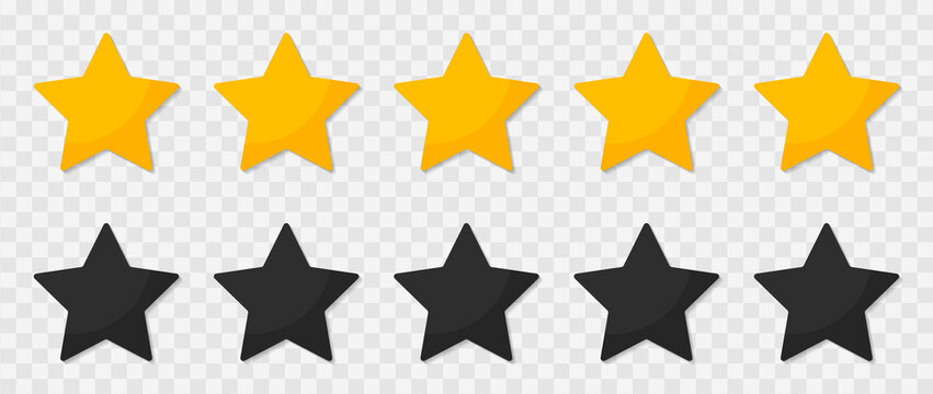 Five stars for review, rating and rank isolated on transparent background. 5 yellow and black icons. Gold and black flat icons with shadows. Ranking logos. Vector illustration