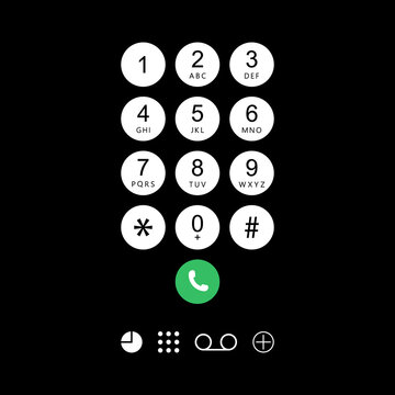 Phone keypad. Dial numbers on smartphone screen for call on black background. Cellphone with keyboard for mobile connection. Design of smart interface on display. Vector