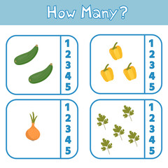 Educational game for preschool children. Learning to count up to 5. Vegetables. The development of logic and attention. Vector illustration. Sheet for printing