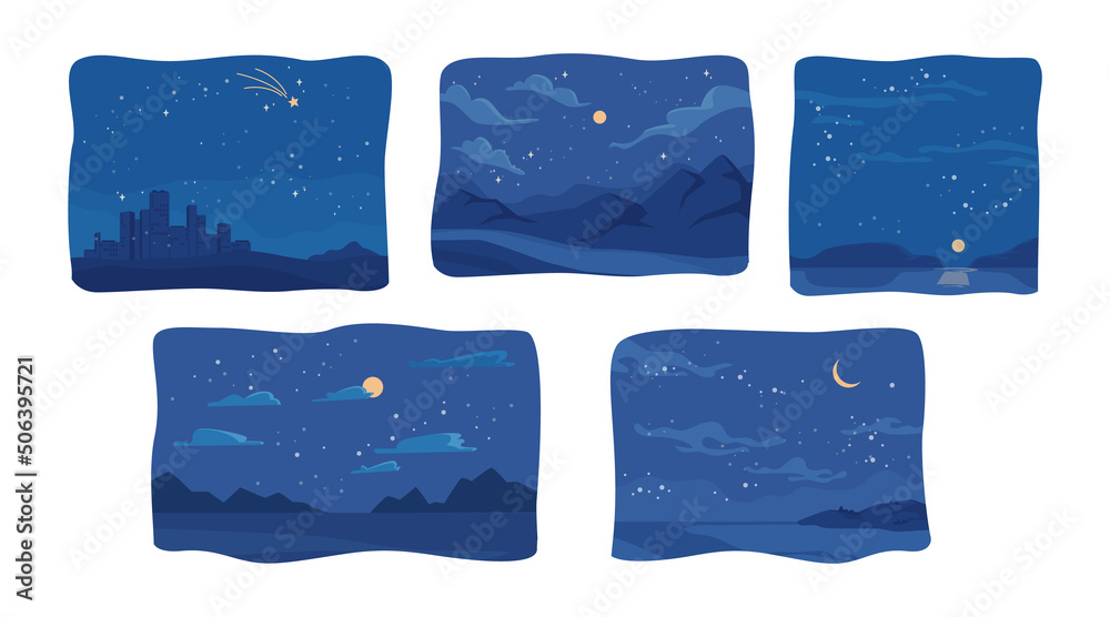 Poster countryside and cityscape starry sky with celestial bodies, full moon and clouds. mountains and lake