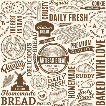 Typographic vector bread and bakery seamless pattern or background. Bread and bakery illustrations, vector food icons for baked goods branding and identity