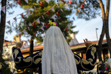 Turkey, Mugla, Mentese local cultural festival folklore (efe zeybek) men's and women's clothes