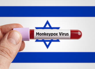 Monkeypox virus (MPXV) concept: Scientist holding Monkeypox virus infected blood in test tube in front of Israel flag.