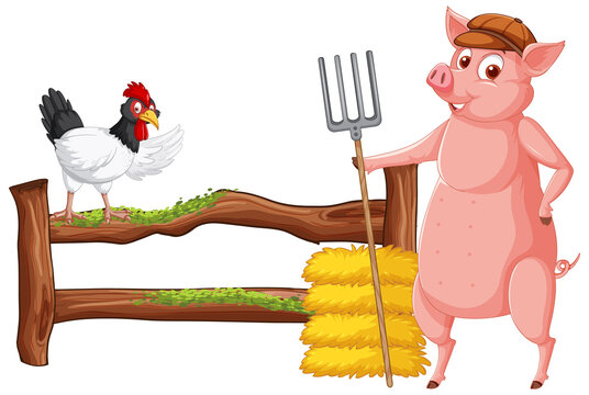 recommend clip art: Farmer pig holding rake with chicken cartoon