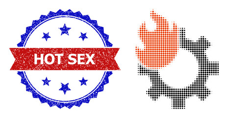 Halftone hot gear icon, and bicolor textured Hot Sex seal. Halftone hot gear icon is made with small circle points. Vector seal with grunge bicolored style,