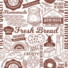 Typographic vector bread and bakery seamless pattern or background. Bread and bakery illustrations, vector food icons for baked goods branding and identity