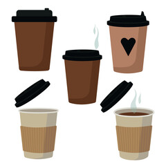 set of coffee cardboard cups in a flat style isolated on a white background. Suitable for coffee shops, cafes, restaurants, for illustrating breakfast