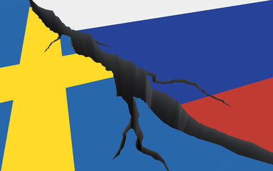 Flags of the Russian Federation and Sweden on background of the cracks. Crisis in relations between countries. War, sanctions, conflict, embargo. 3d render