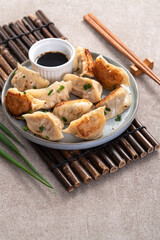 Pan-fried gyoza dumpling jiaozi in a plate with soy sauce on gray table background.