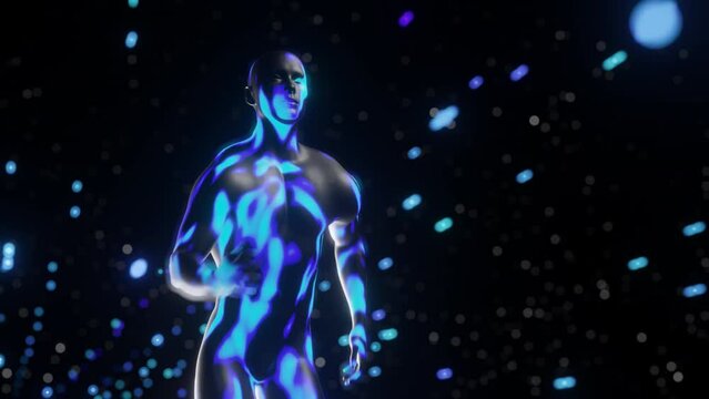 Abstract background with running man. Runner with wavy textured skin on the dark backdrop. 3d rander, seamless loop.