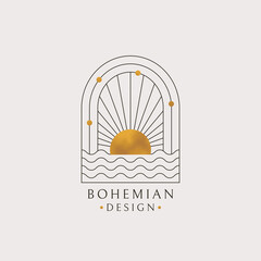Boho logo. Vector isolated bohemian design with sun and ocean waves. Trendy line emblem with gold texture. - 506397548