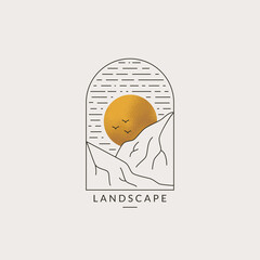 Landscape logo. Line emblem with mountains and sun. Trendy design for travel agencies, eco tourism, outdoor resort, glamping or other themes. Outline illustration with gold foil texture. Vector.