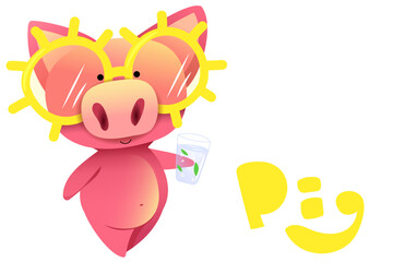 Vector pink pig in yellow sunglasses holding a glass in his hand