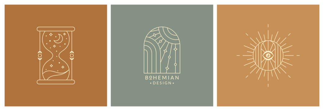 Boho logos. Line symbols for magic, esoteric,  psychology, alternative therapy, spiritual, celestial, and others themes. Vector isolated bohemian emblems. Trendy design elements with sun and hourglass