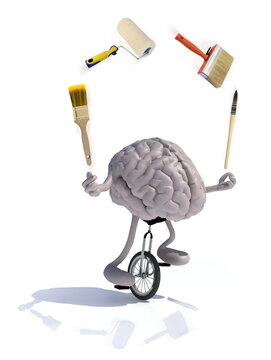 brain with arms and legs juggle rides a unicycle