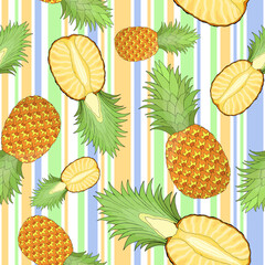 Whole and cut pineapple random repeat seamless pattern. Colorful stripes tropical fruit endless texture. Irregular boundless background. Summer editable surface design for textile, cosmetics, interior