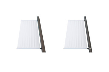 Blank white rectangle lamp post banner mockup template isolated on white background. 3d rendering.outdoor advertising banners shield mockup, template. Flag banner mock up.