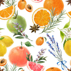 Beautiful seamless summer pattern with watercolor greens and lemon apple orange grapefruit fruits. Stock illustration.