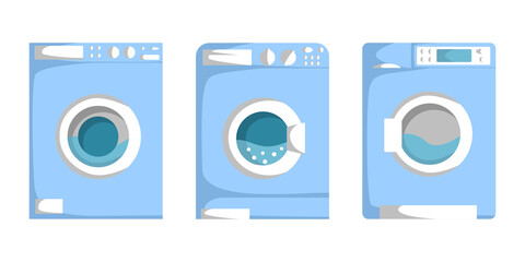 Set of washing machines in flat style. Vector image.	