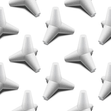Seamless pattern with various projections of beach protection concrete tetrapods. Vector engineering background illustration.