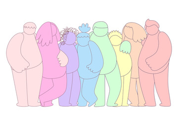 Group of abstract diverse people. Friends, coworkers,volunteer are standing, hugging, posing together. Cartoon doodle characters. Teamwork, togetherness, friendship concept.