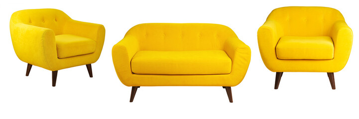 wide yellow upholstered armchair with fabric upholstery on wooden legs in retro style, isolated on a white background