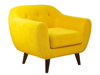 wide yellow upholstered armchair with fabric upholstery on wooden legs in retro style, isolated on...