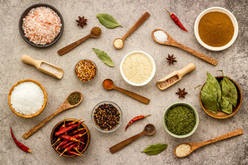 Fototapeta na wymiar Various powdered spices and herbs in bowls. Cooking background