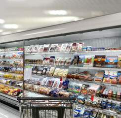 choosing a dairy products at supermarket.empty grocery cart in an empty supermarket