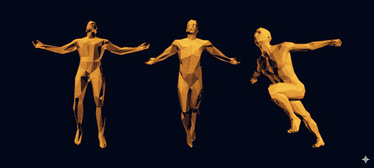 Man spread his arms in different directions. Men floating and hovering in the air. Running man or marathon runner. 3D human body model. Design for sport. Vector illustration composed of particles.