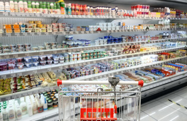 choosing a dairy products at supermarket.empty grocery cart in an empty supermarket