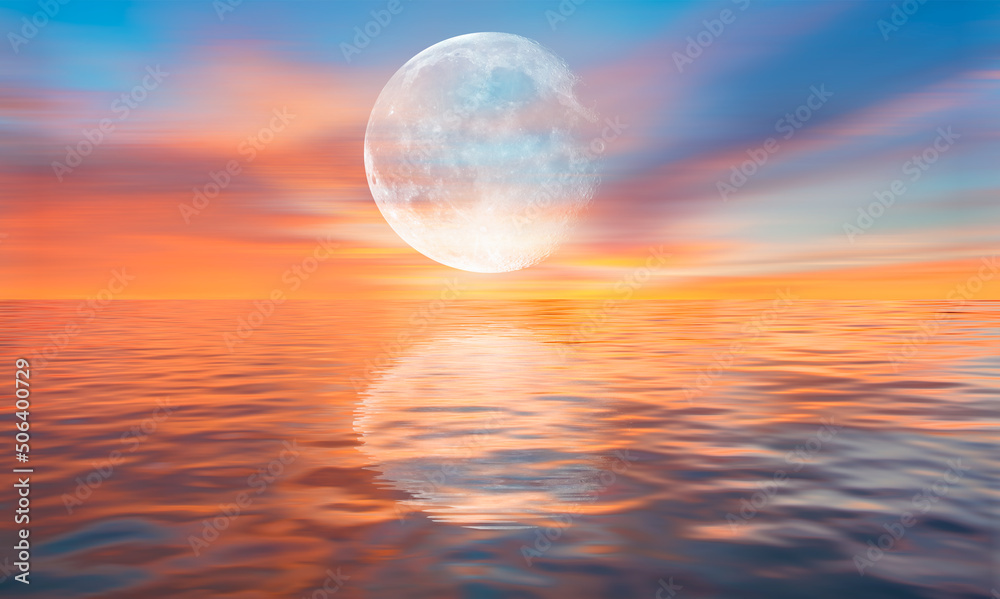 Poster full moon over the sea at sunset 