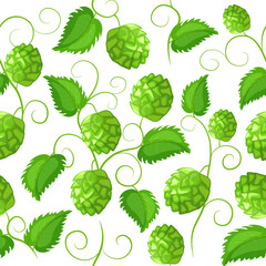 Pattern of fresh green hop in cartoon style. Vector illustration of plants large and small sizes on the crowns with leaves and separately on white background.