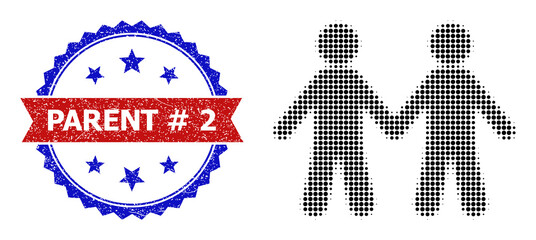 Halftone people pair icon, and bicolor dirty Parent # 2 watermark. Halftone people pair icon is constructed with small round points. Vector seal with retro bicolored style,